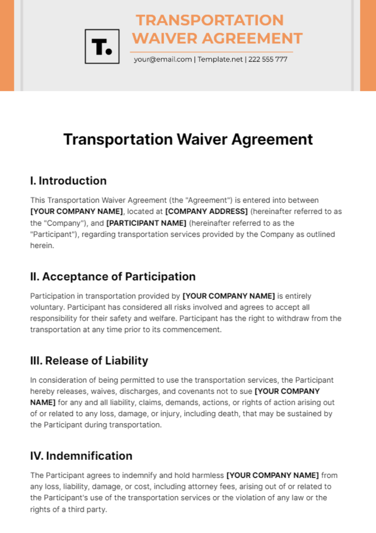 Free Transportation Waiver Template