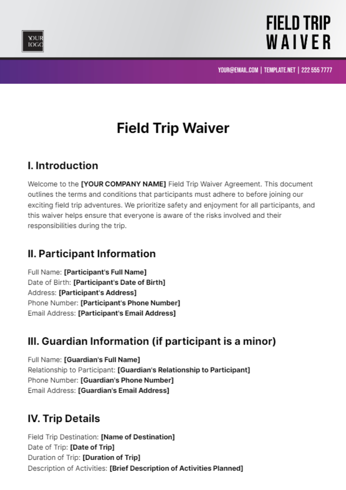 Free Field Trip Waiver Template