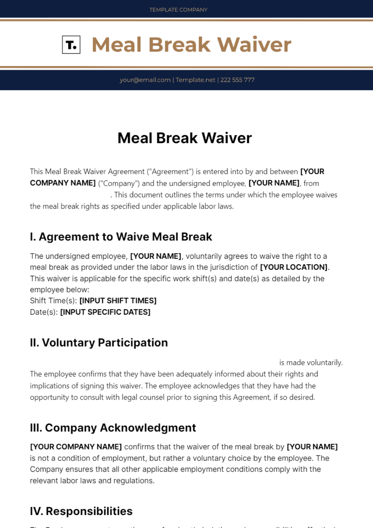 Free Meal Break Waiver Template