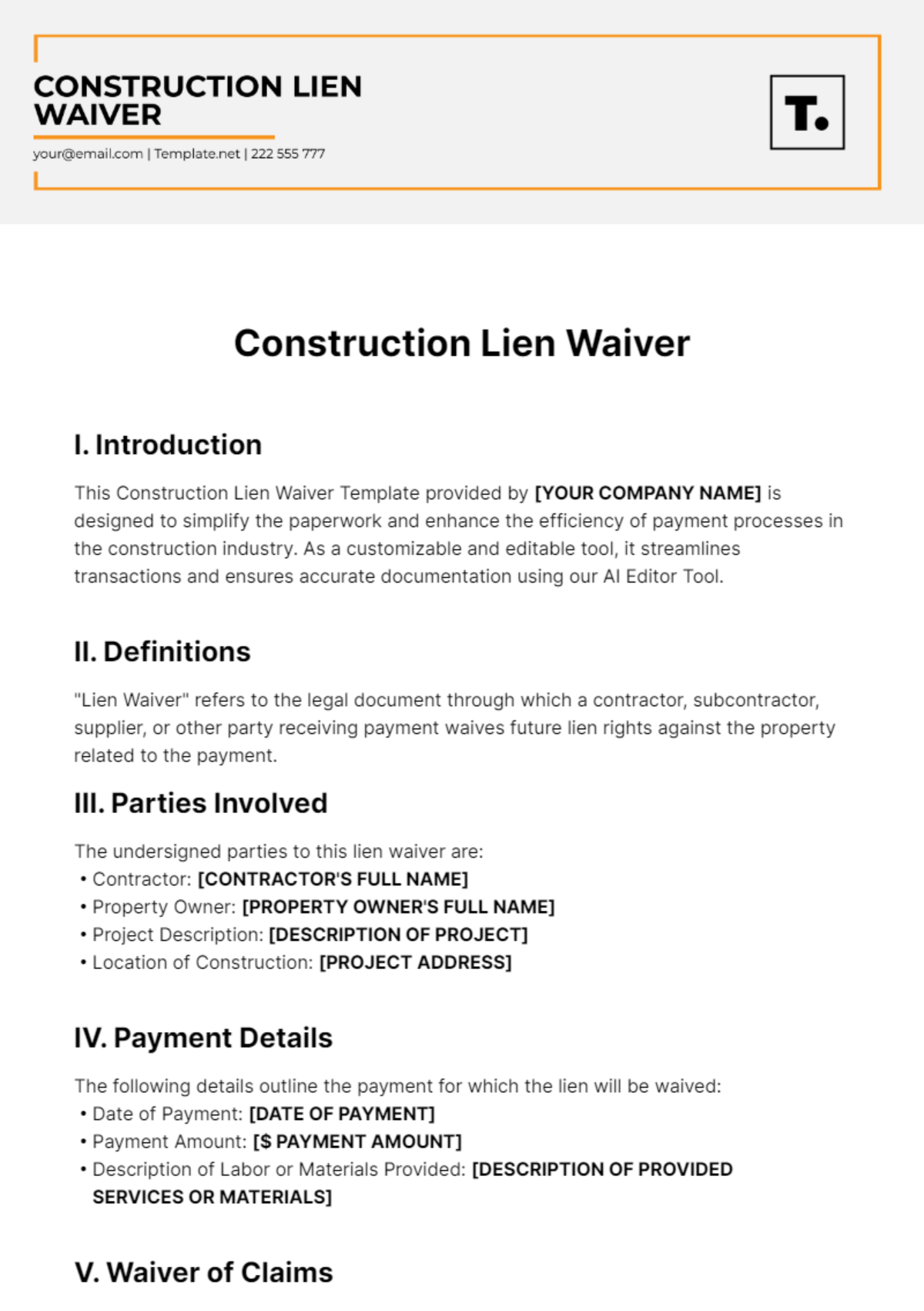 Free Construction Lien Waiver Template