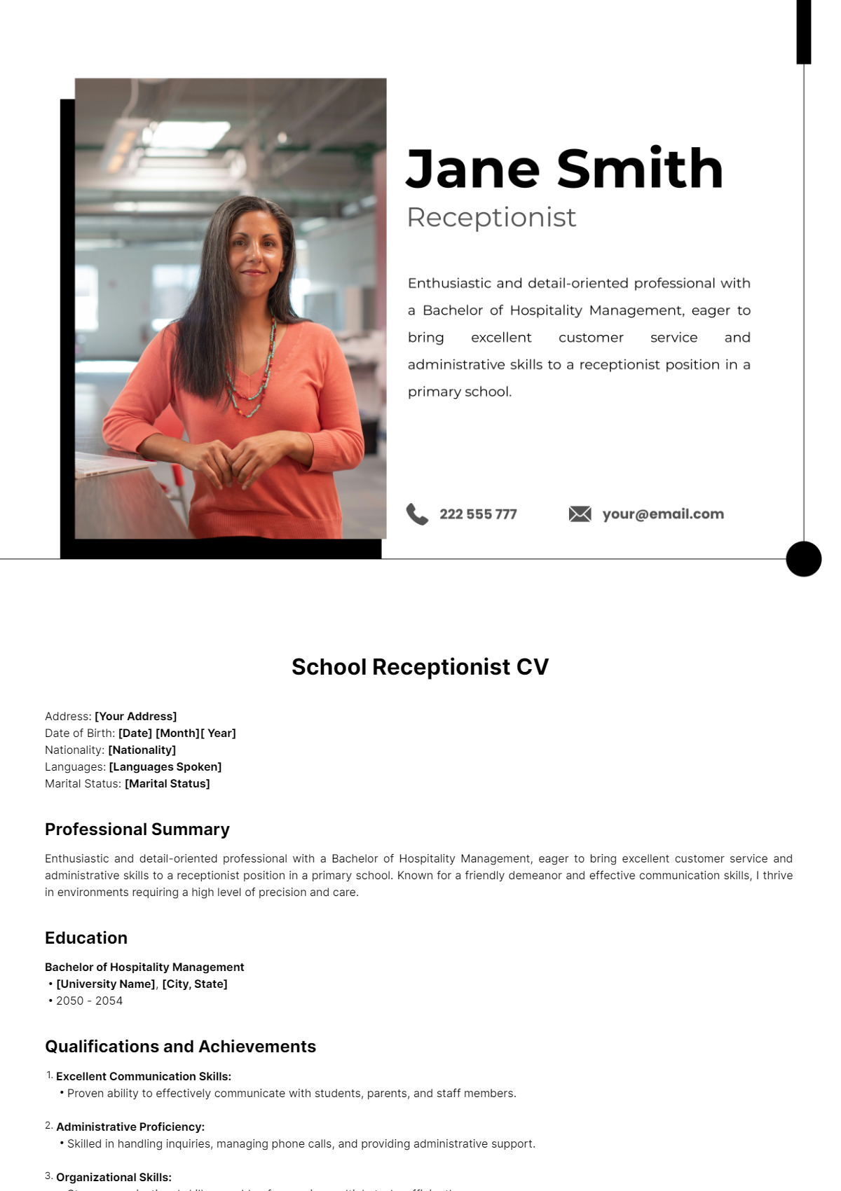 School Receptionist CV Template - Edit Online & Download