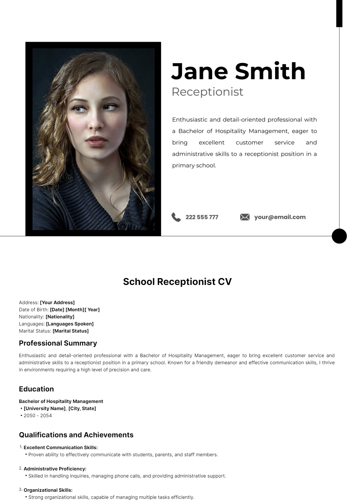 School Receptionist CV Template