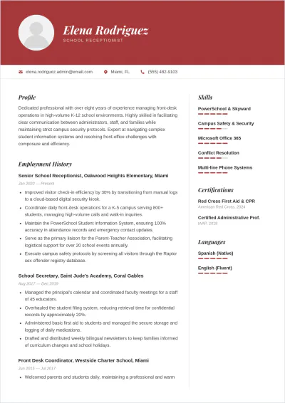 Free School Receptionist ATS CV Template, AI CV Builder