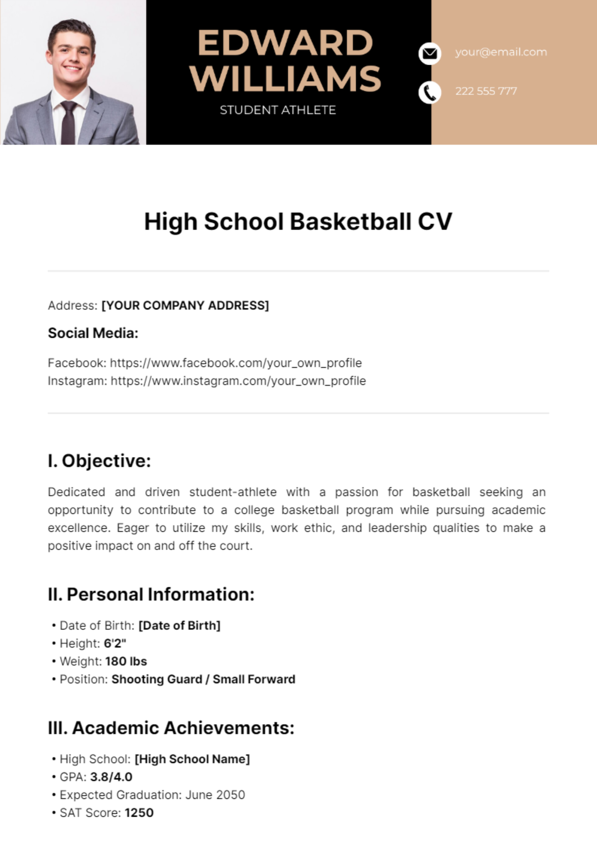 High School Basketball CV Template