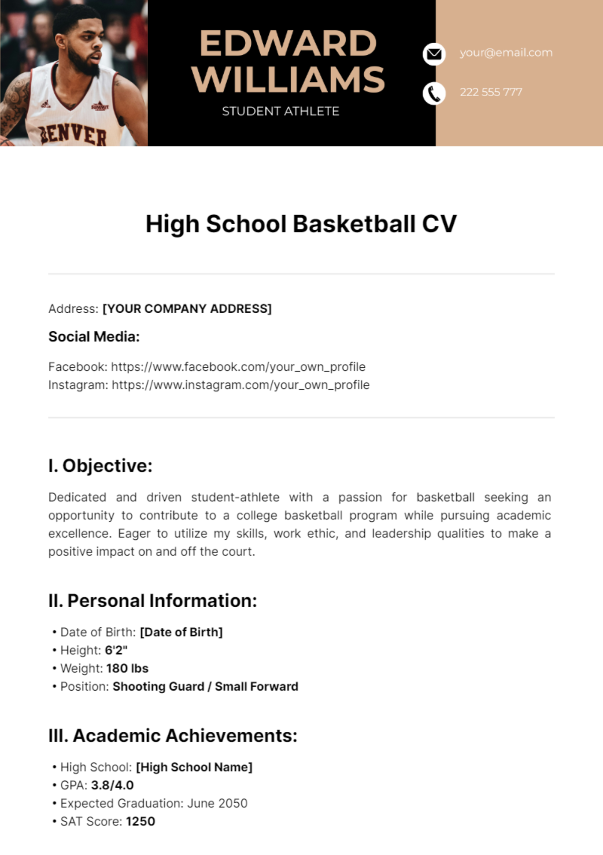 High School Basketball CV Template - Edit Online & Download