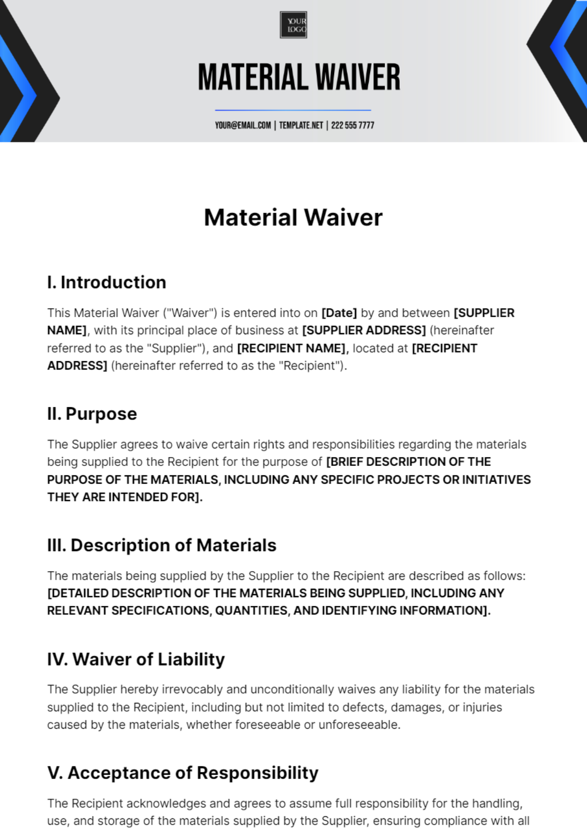 Free Material Waiver Template