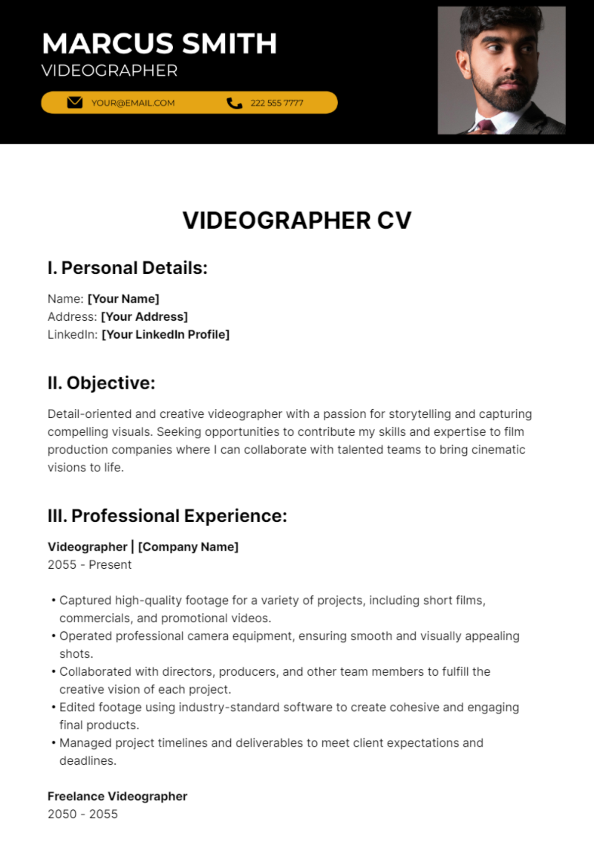 Videographer CV Template - Edit Online & Download