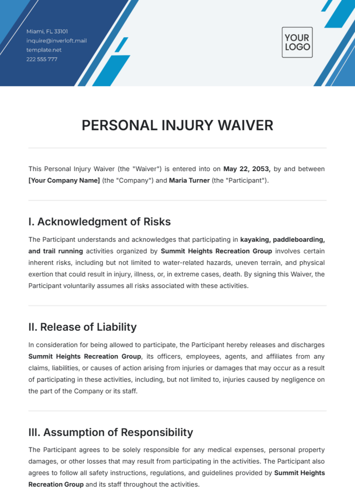 Personal Injury Waiver Template - Edit Online & Download