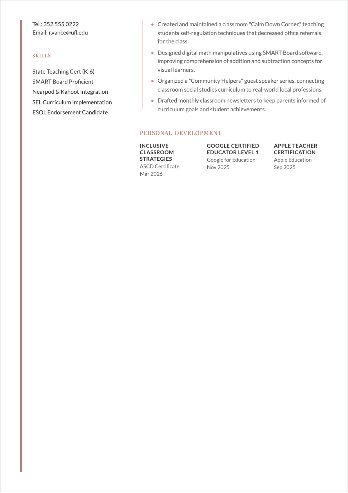 Free Teacher Graduate ATS CV Template, AI CV Builder