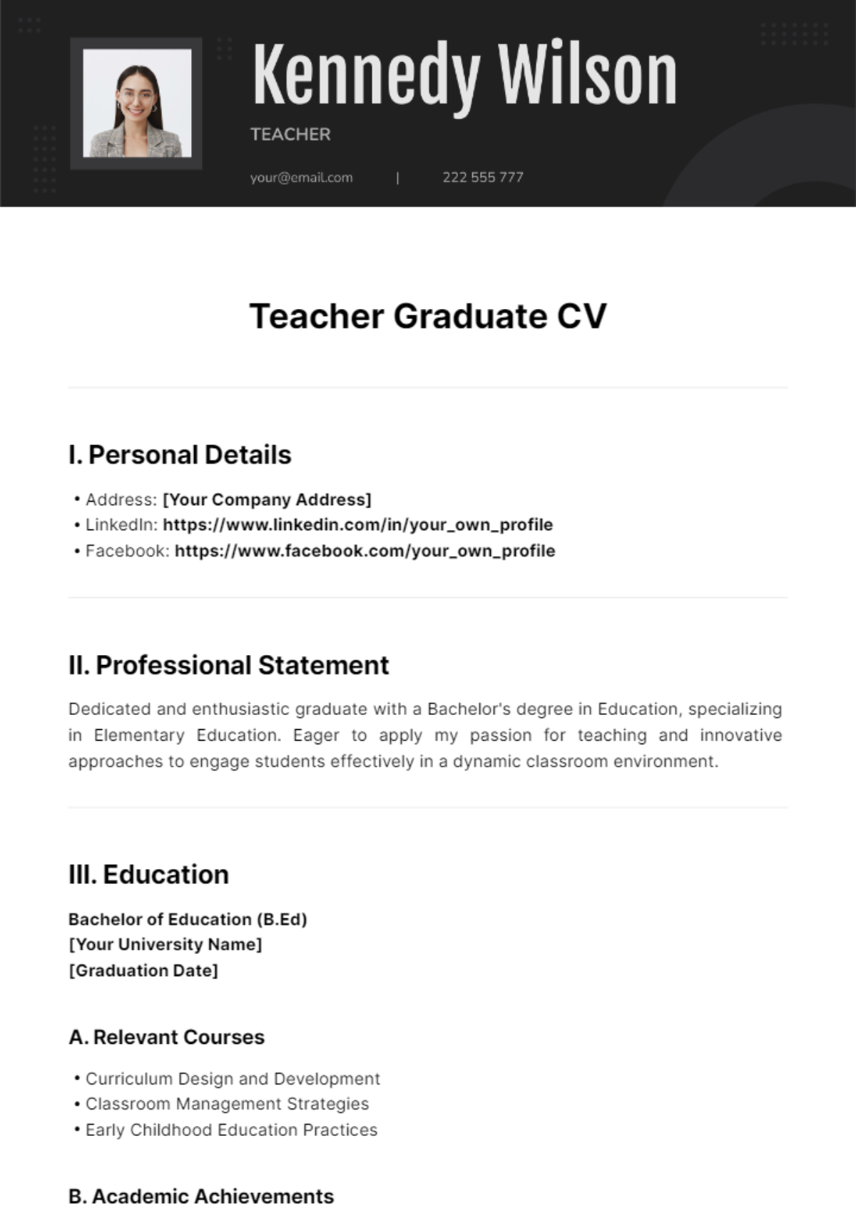 Teacher Graduate CV Template