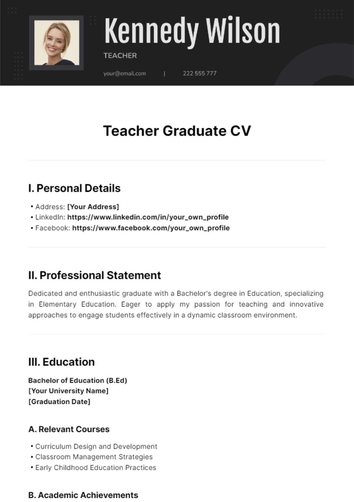 Free Teacher Graduate CV Template