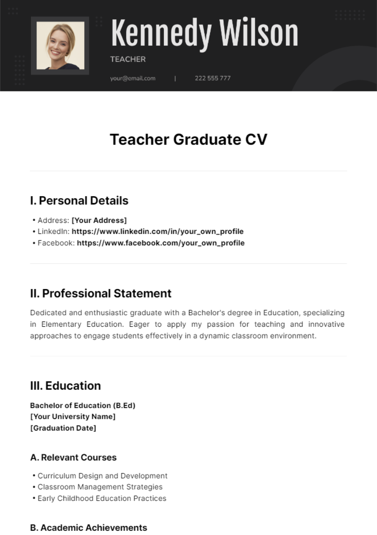 Teacher Graduate CV Template - Edit Online & Download