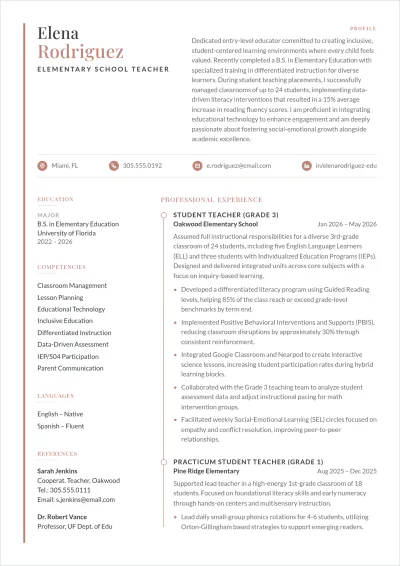 Free Teacher Graduate ATS CV Template, AI CV Builder