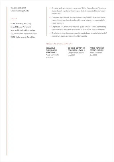 Free Teacher Graduate ATS CV Template, AI CV Builder
