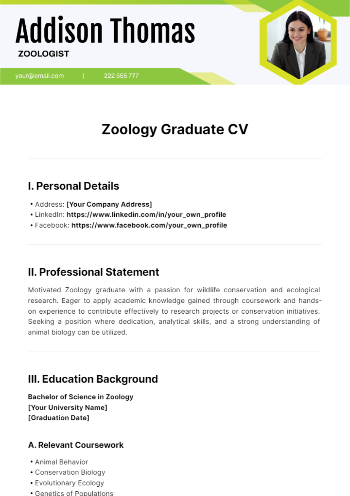 Zoology Graduate CV Template