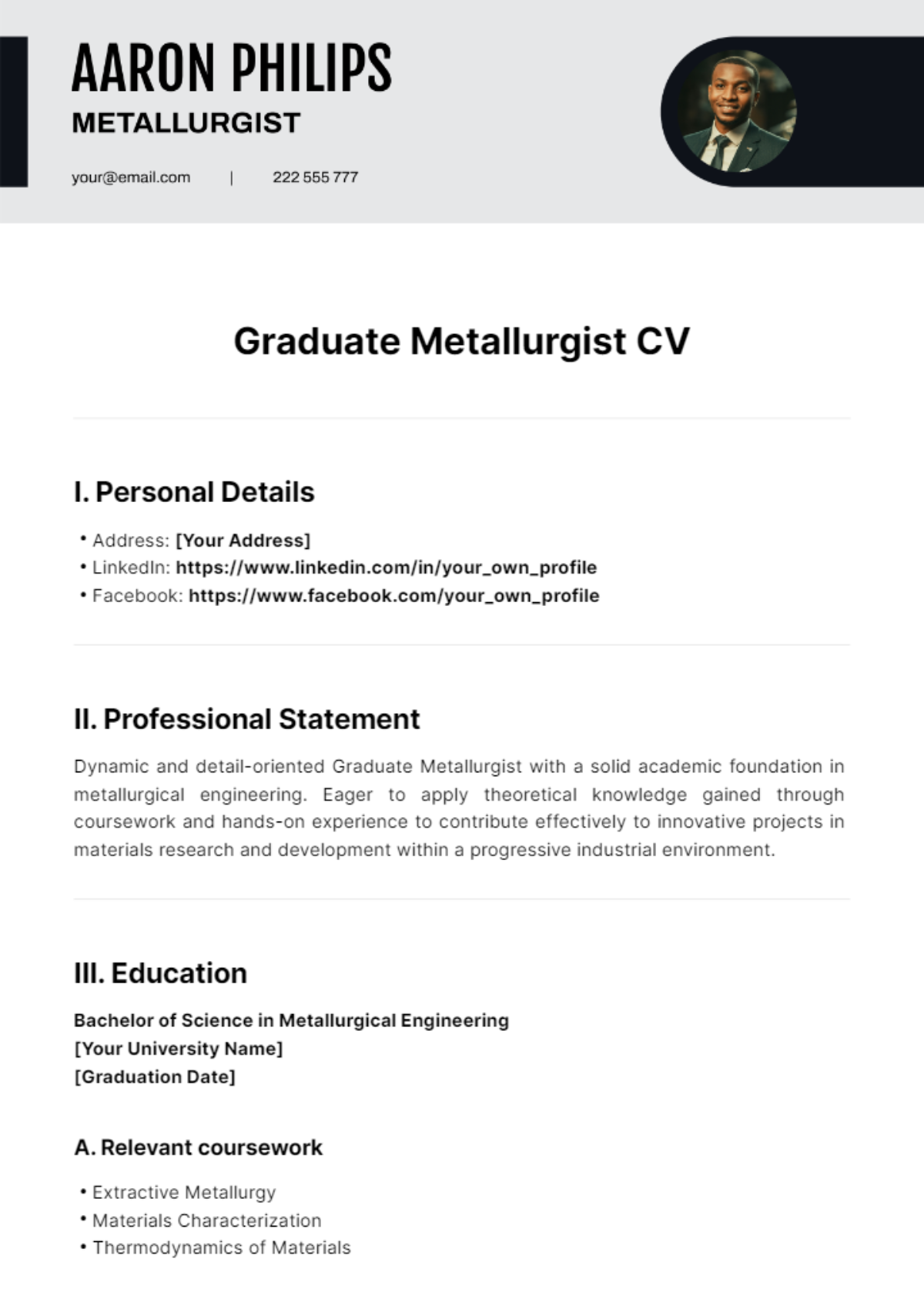 Free Graduate Metallurgist CV Template