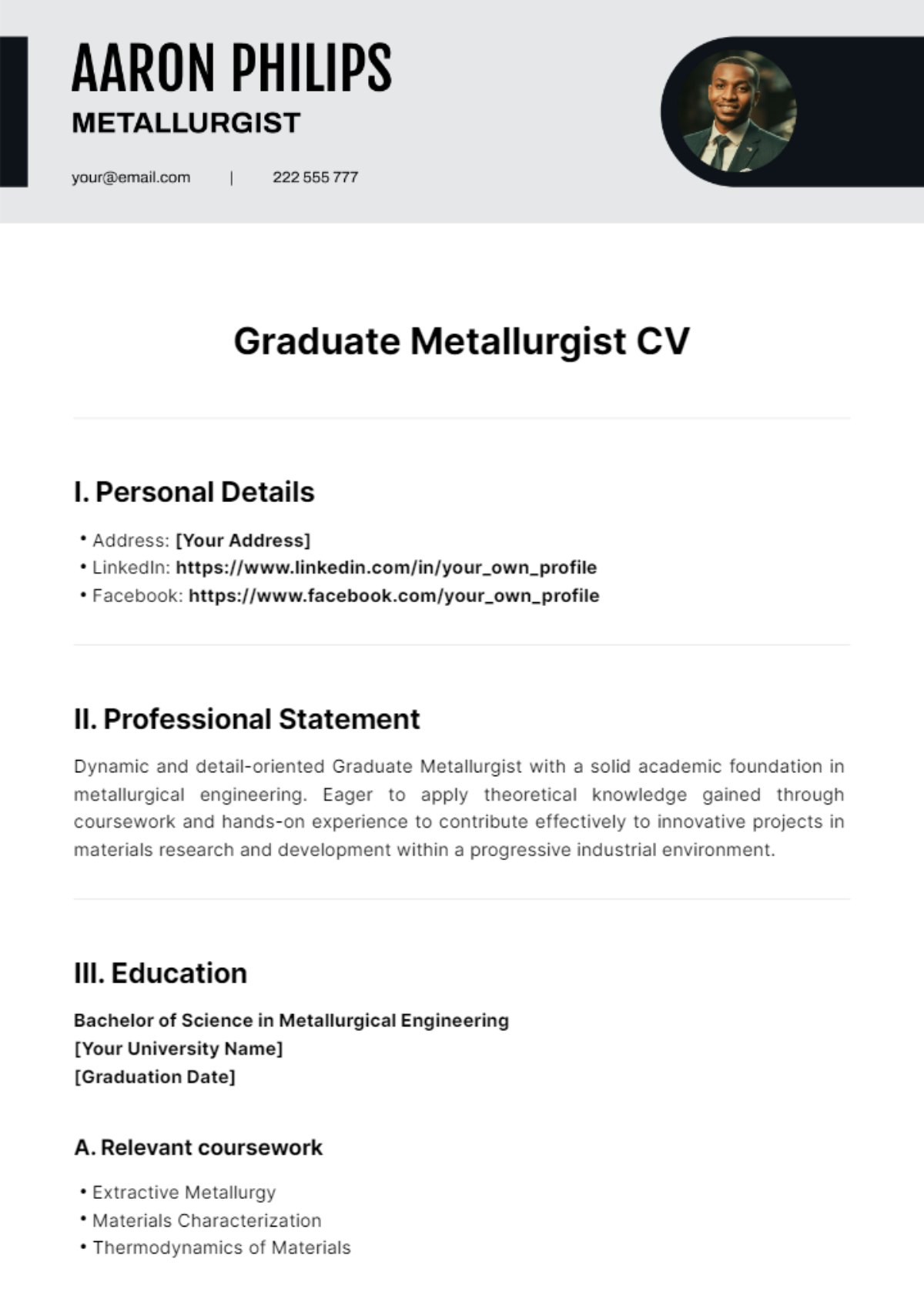 Graduate Metallurgist CV Template - Edit Online & Download