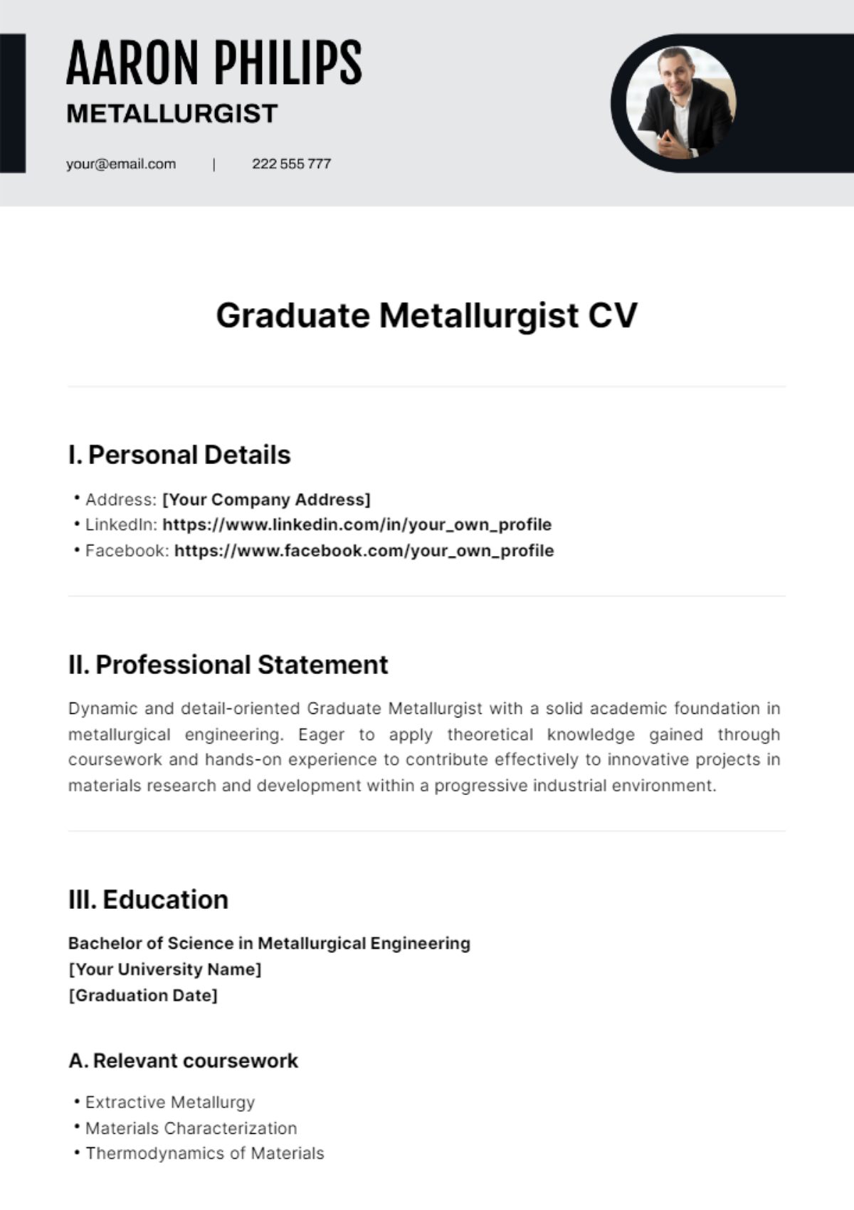 Graduate Metallurgist CV Template