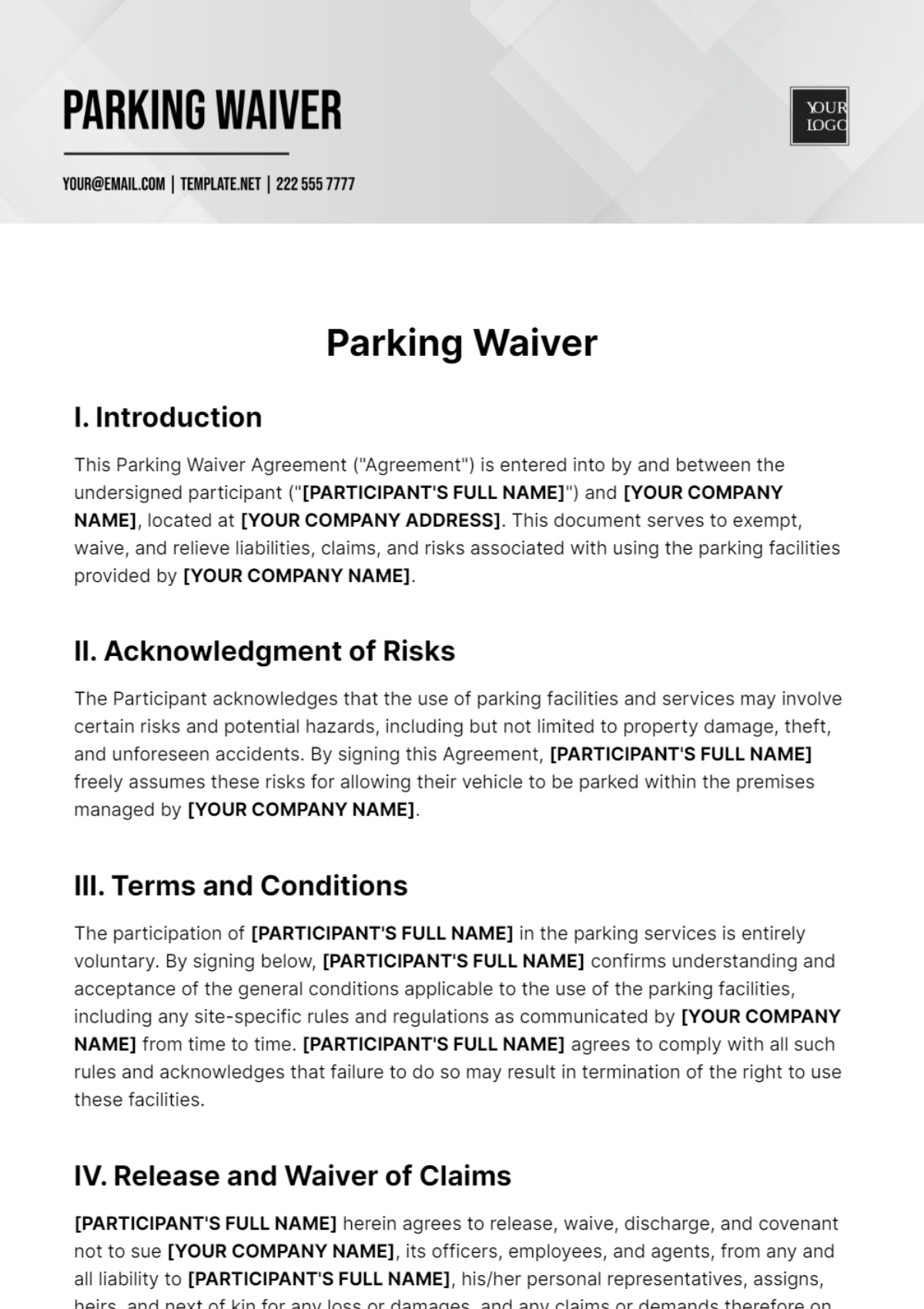 Free Parking Waiver Template