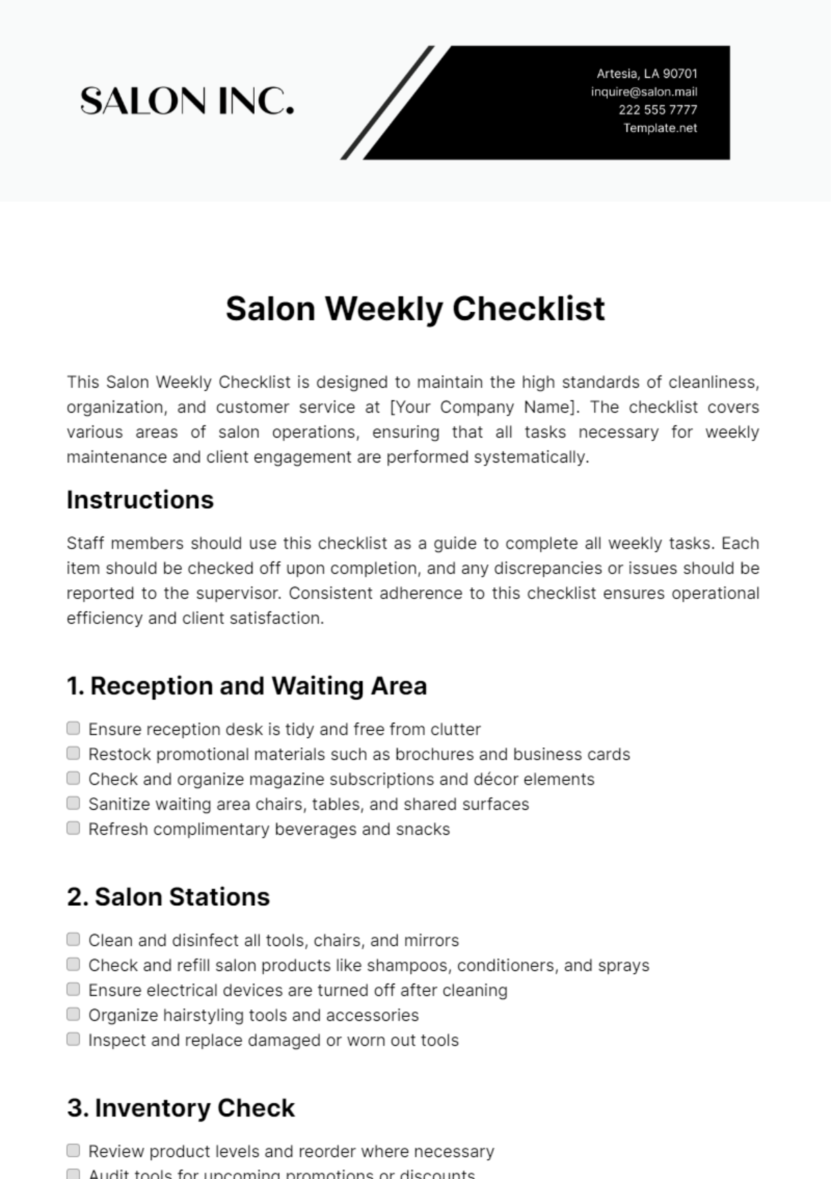 Salon Weekly Checklist Template