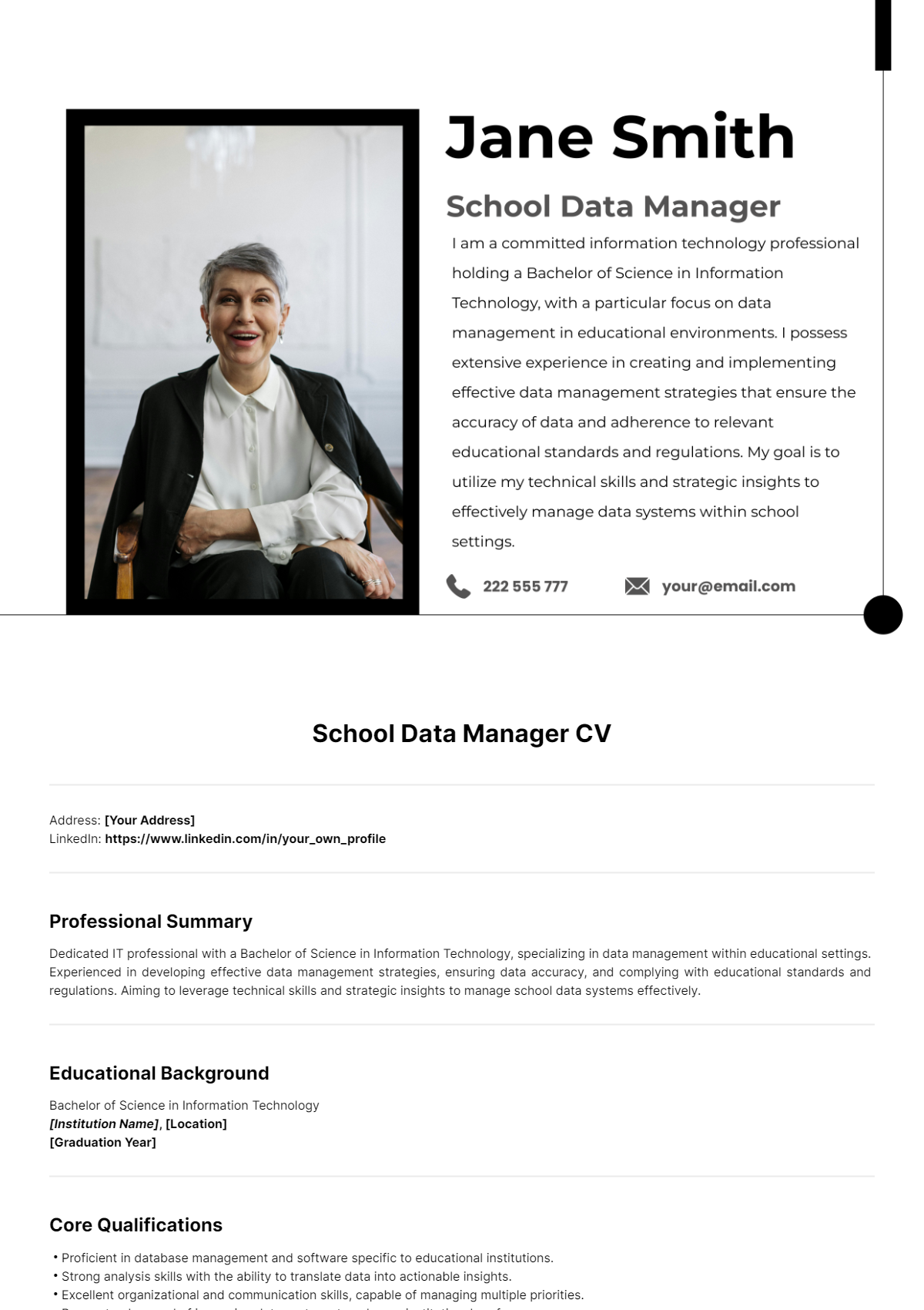 School Data Manager CV Template - Edit Online & Download