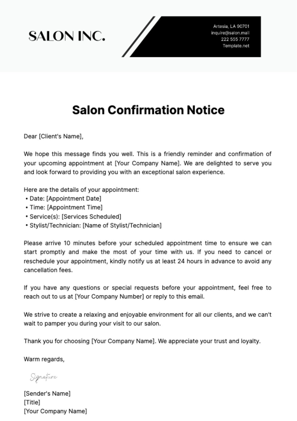 Salon Confirmation Notice Template