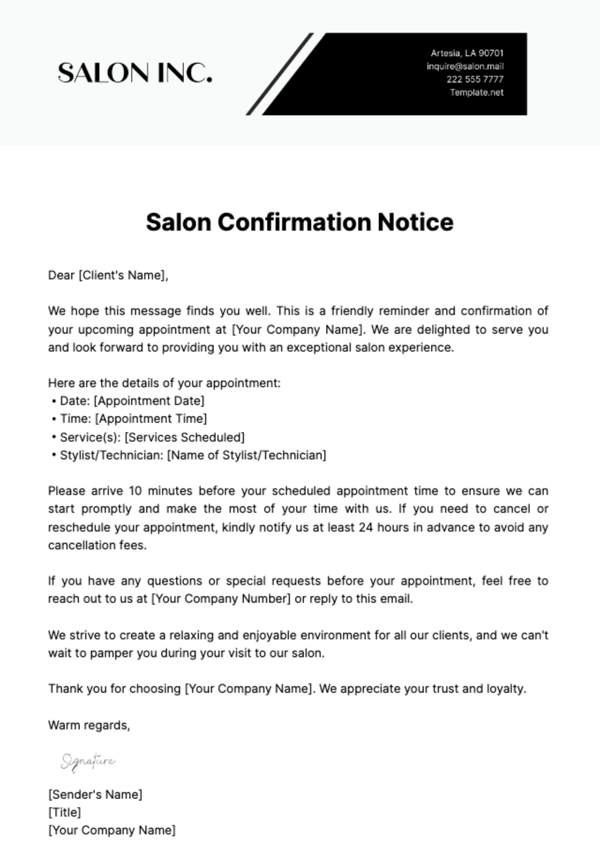 Salon Confirmation Notice Template - Edit Online & Download