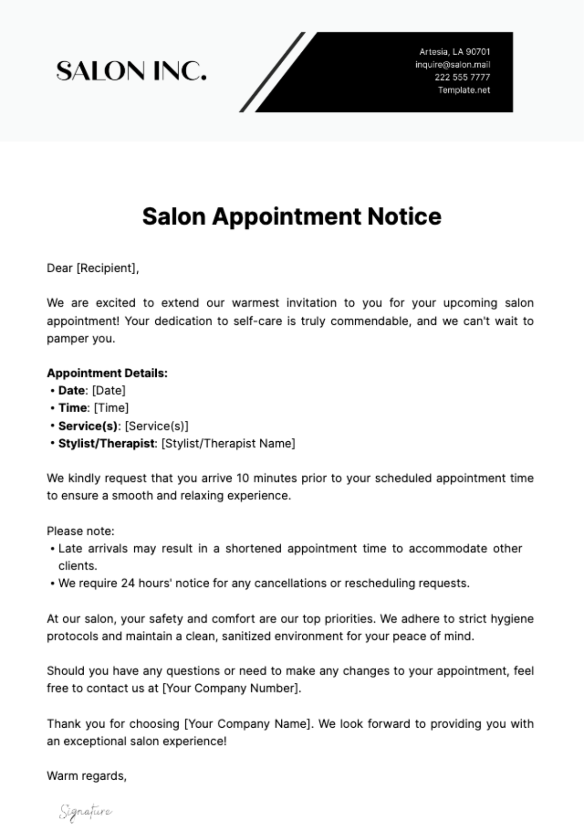 Salon Appointment Notice Template - Edit Online & Download