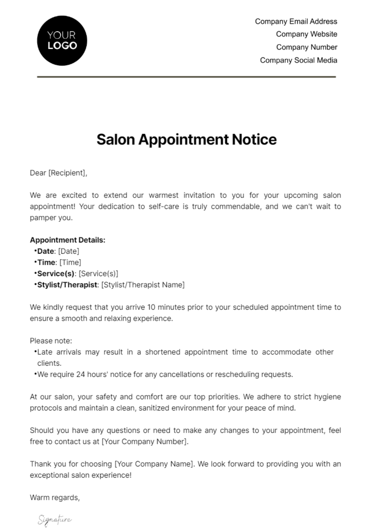 Salon Appointment Notice Template