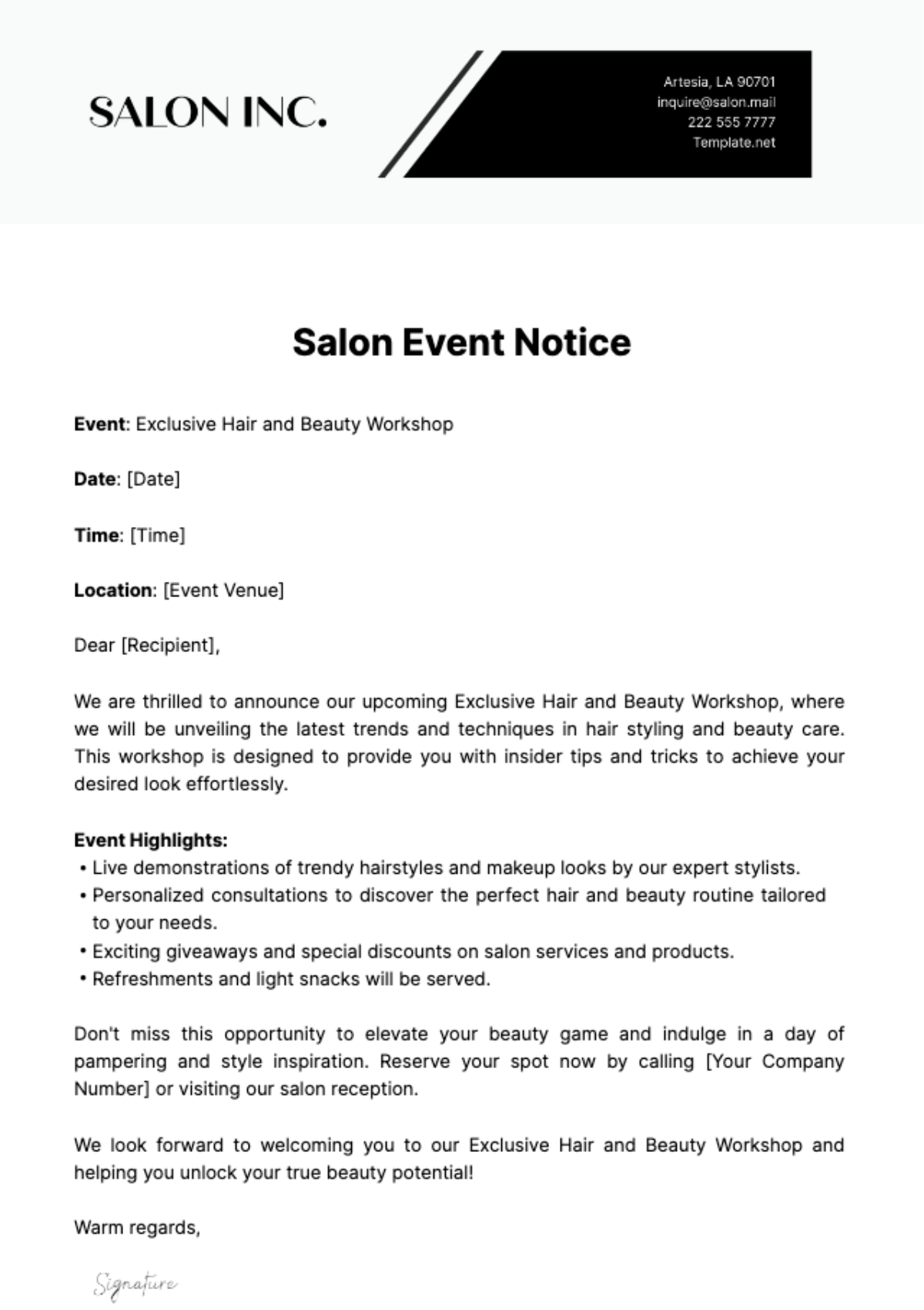 Salon Event Notice Template - Edit Online & Download