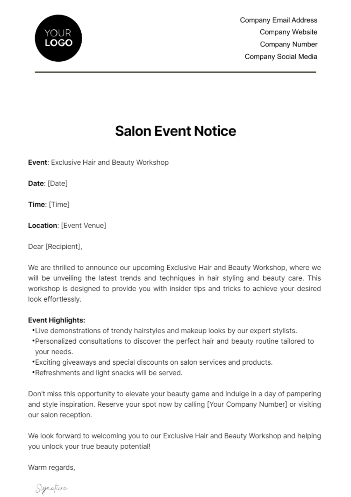 Salon Event Notice Template