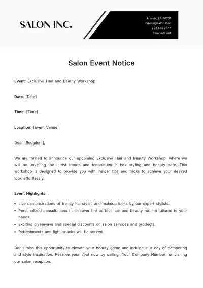 Free Salon Event Notice Template to Edit Online