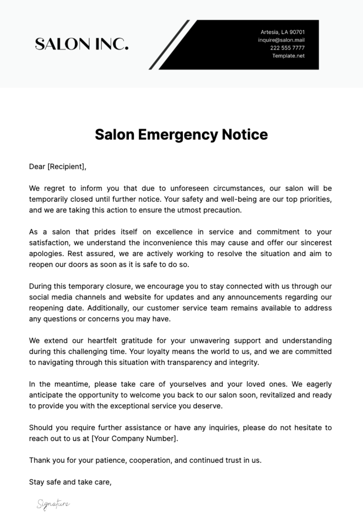 Salon Emergency Notice Template