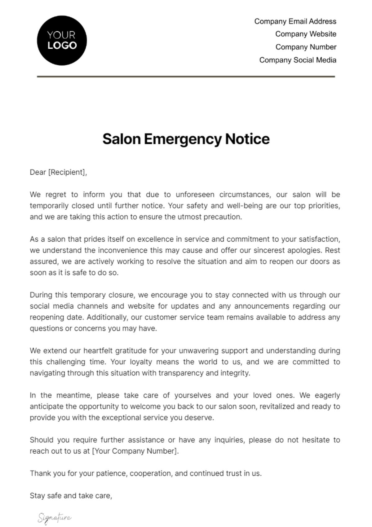 Salon Emergency Notice Template