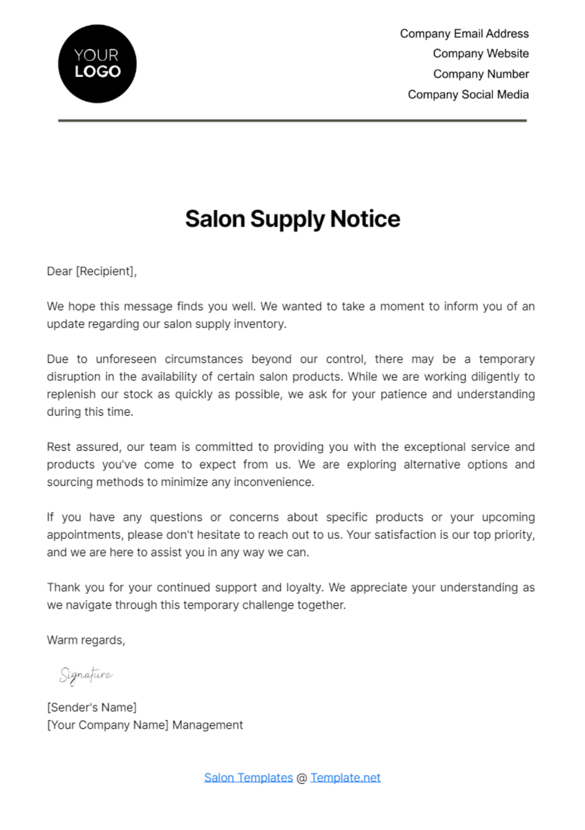 Salon Supply Notice Template