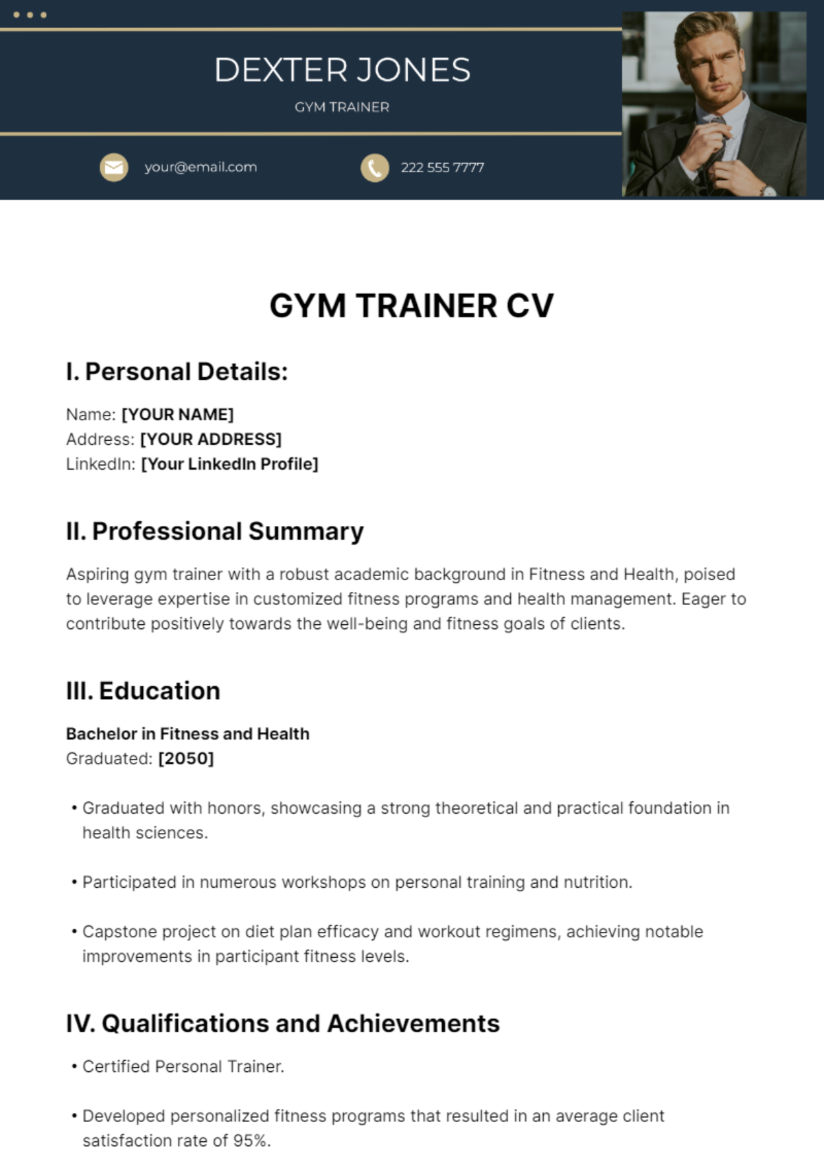 Gym Trainer CV Template - Edit Online & Download