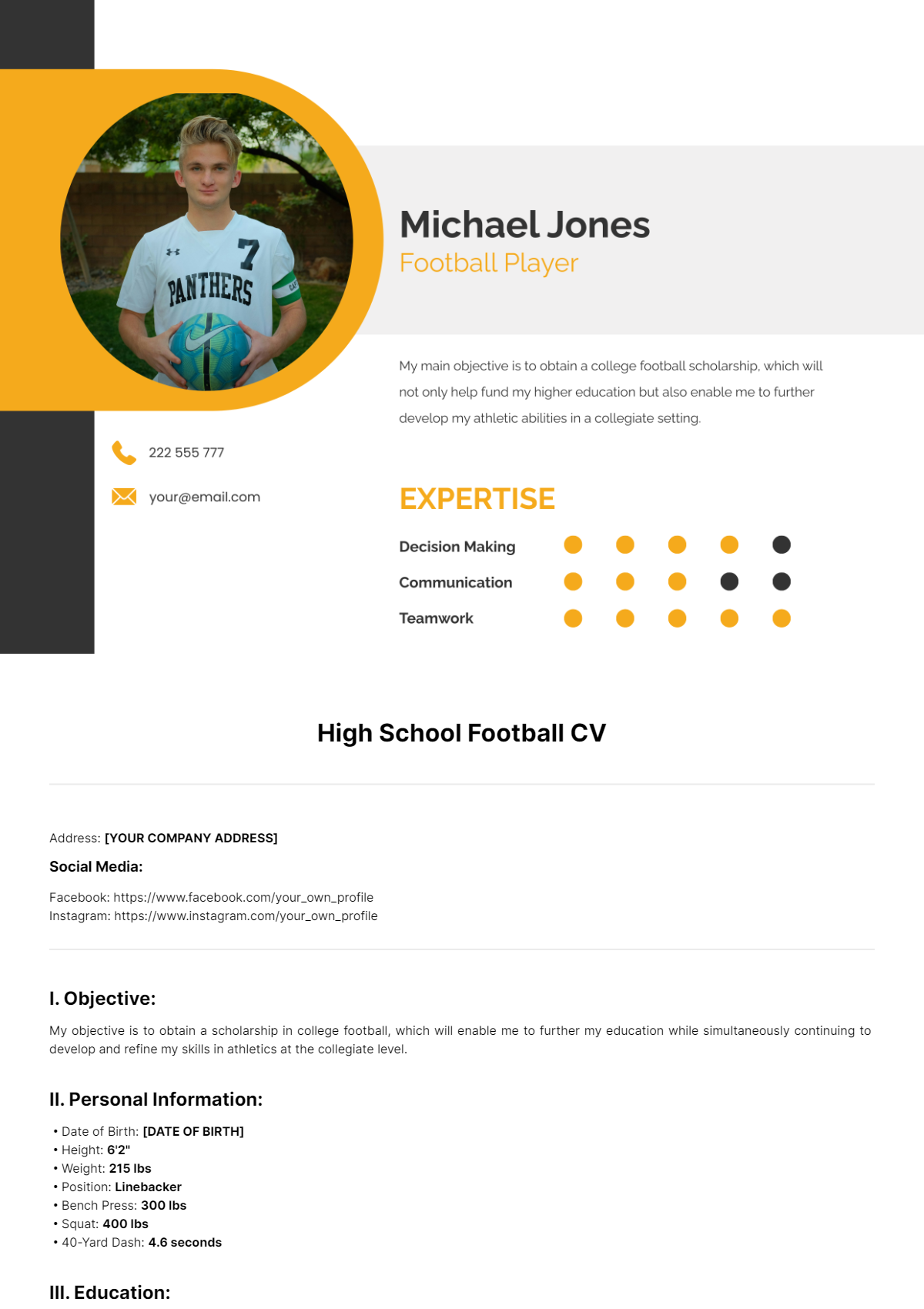 High School Football CV Template - Edit Online & Download