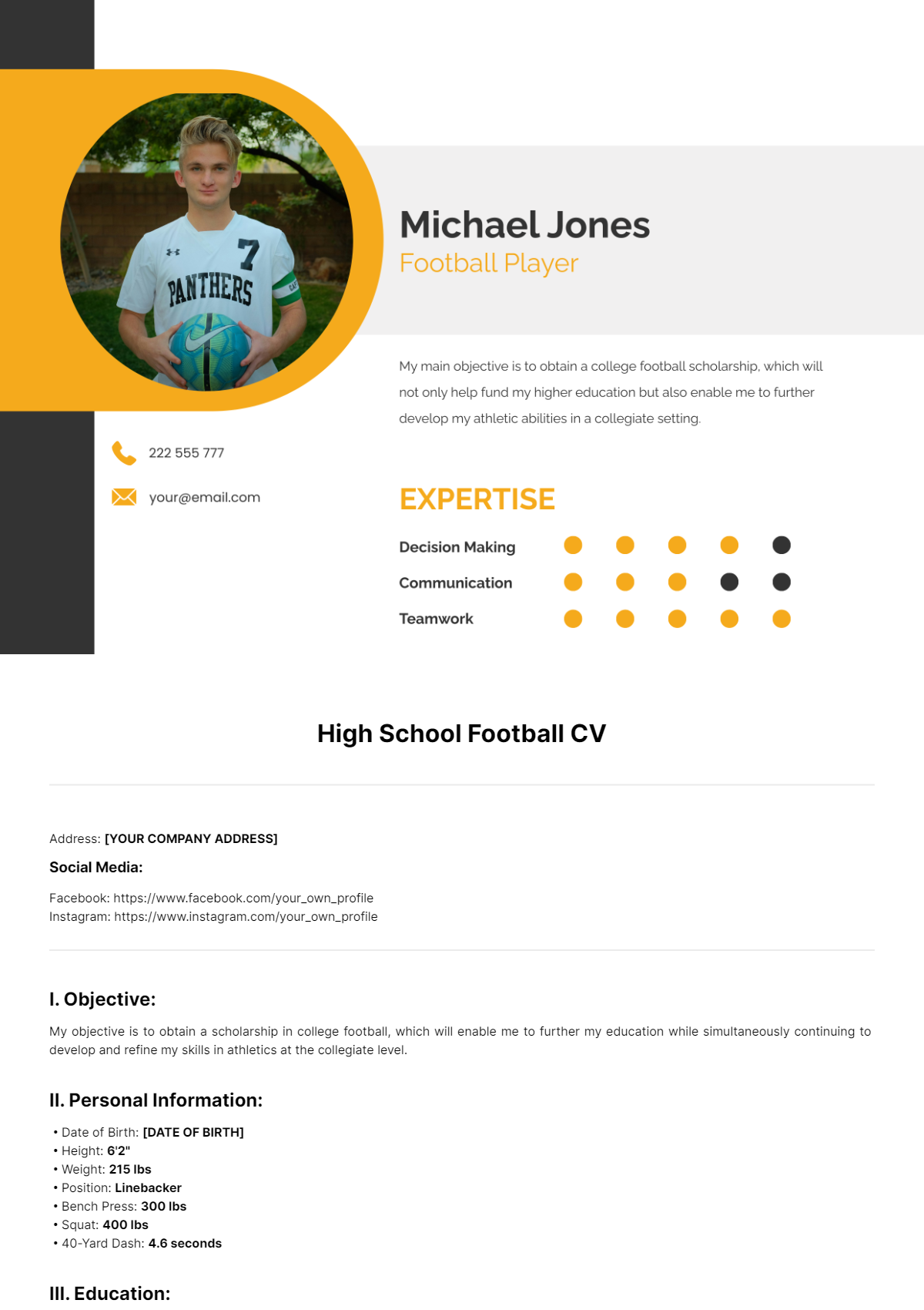 Free High School Football CV Template - Edit Online & Download | Template .net