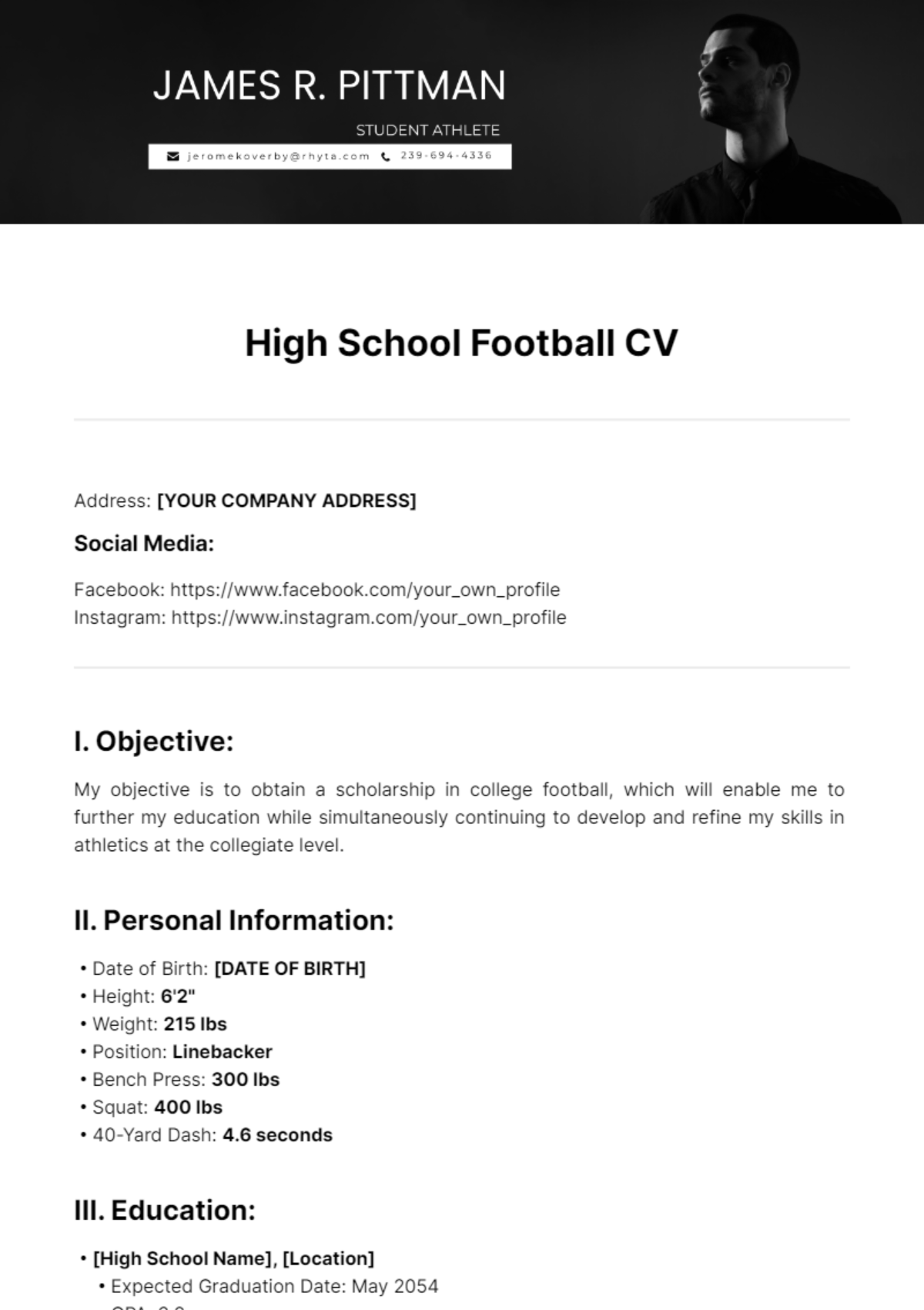 High School Football CV Template