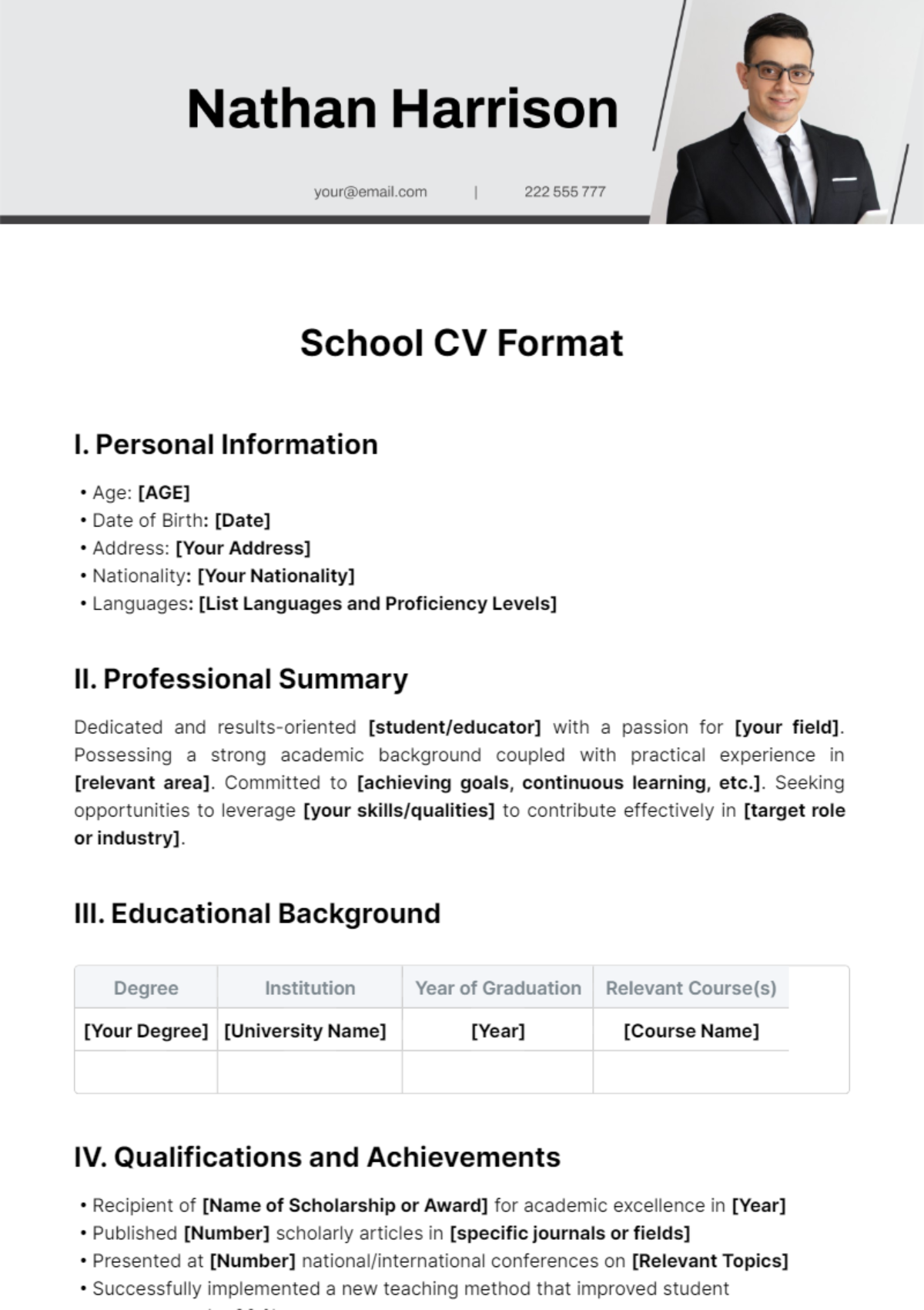 School CV Format Template - Edit Online & Download