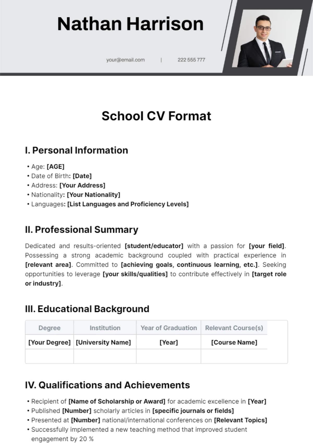 School CV Format Template
