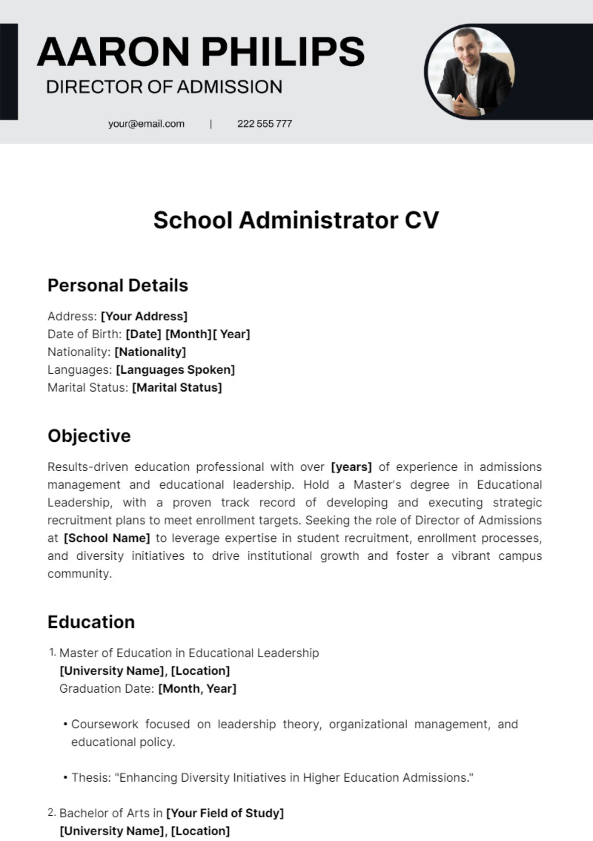 School Administrator CV Template - Edit Online & Download