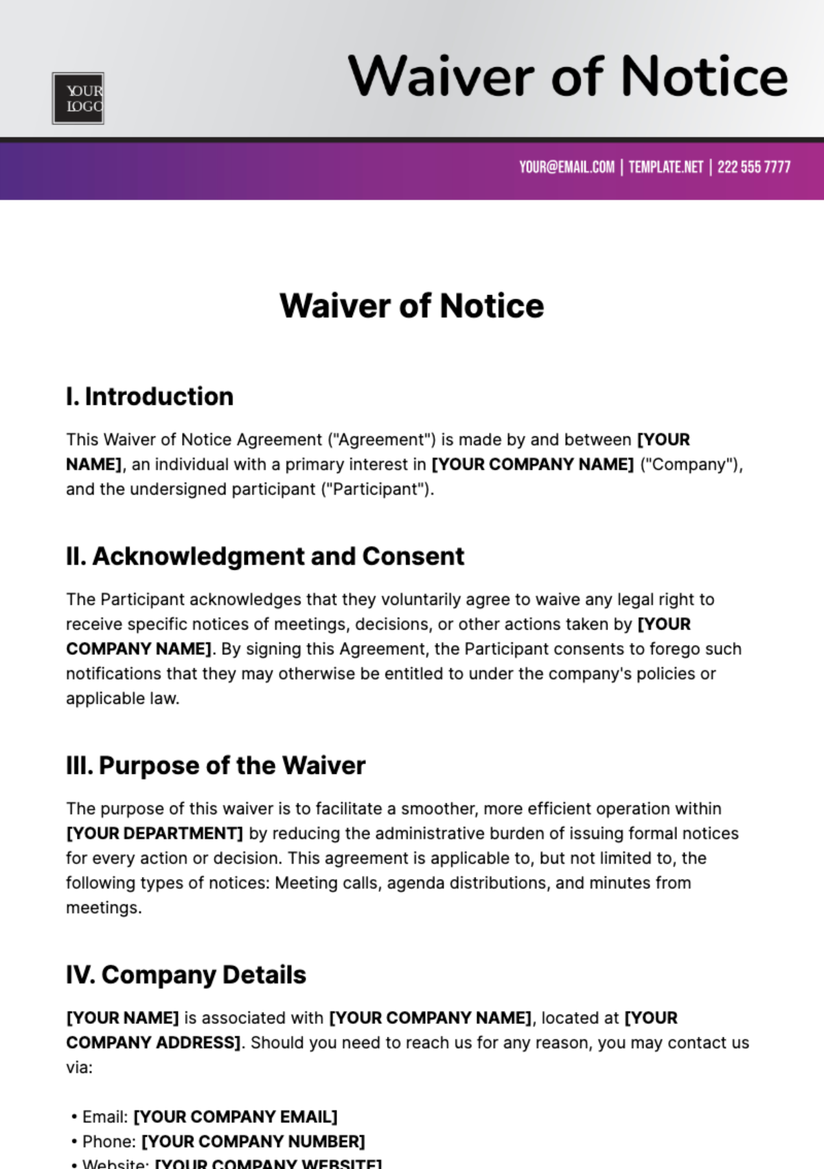 Waiver of Notice Template - Edit Online & Download