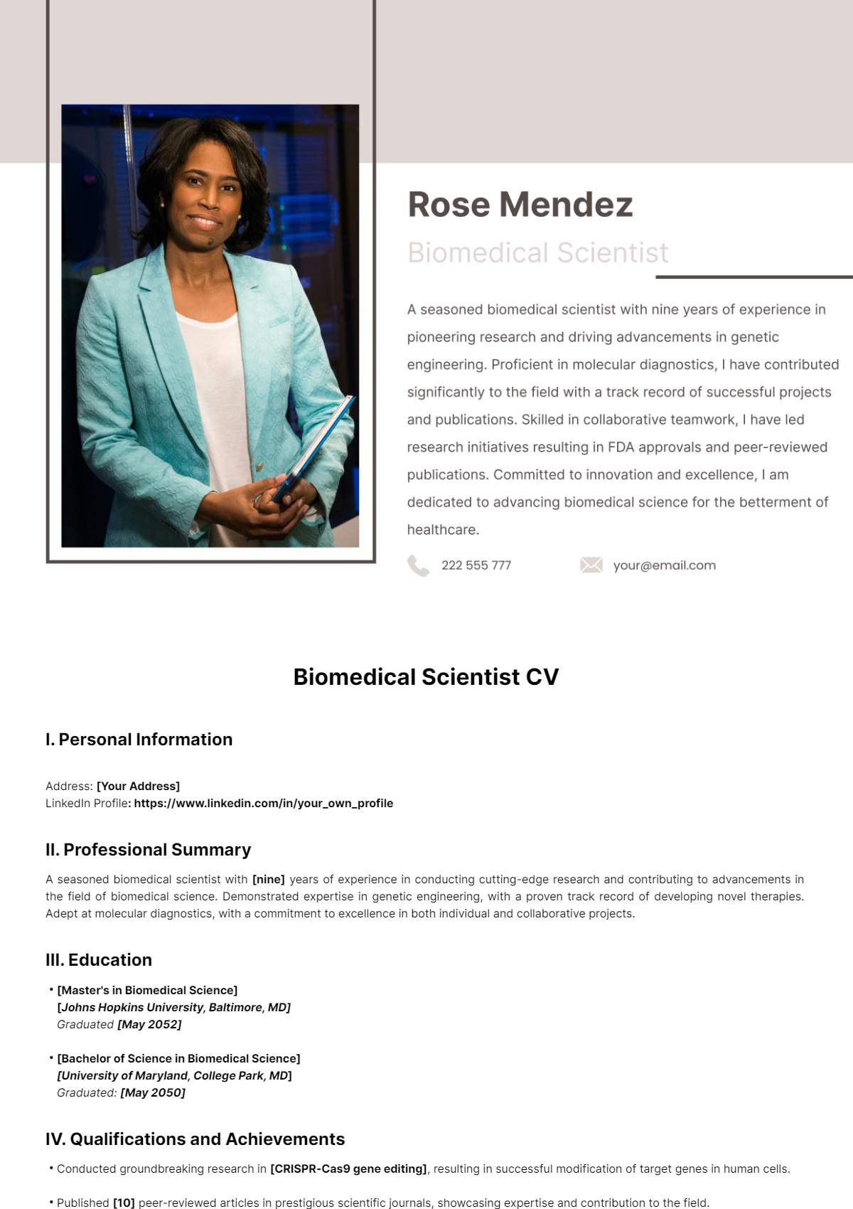 Biomedical Scientist CV Template - Edit Online & Download