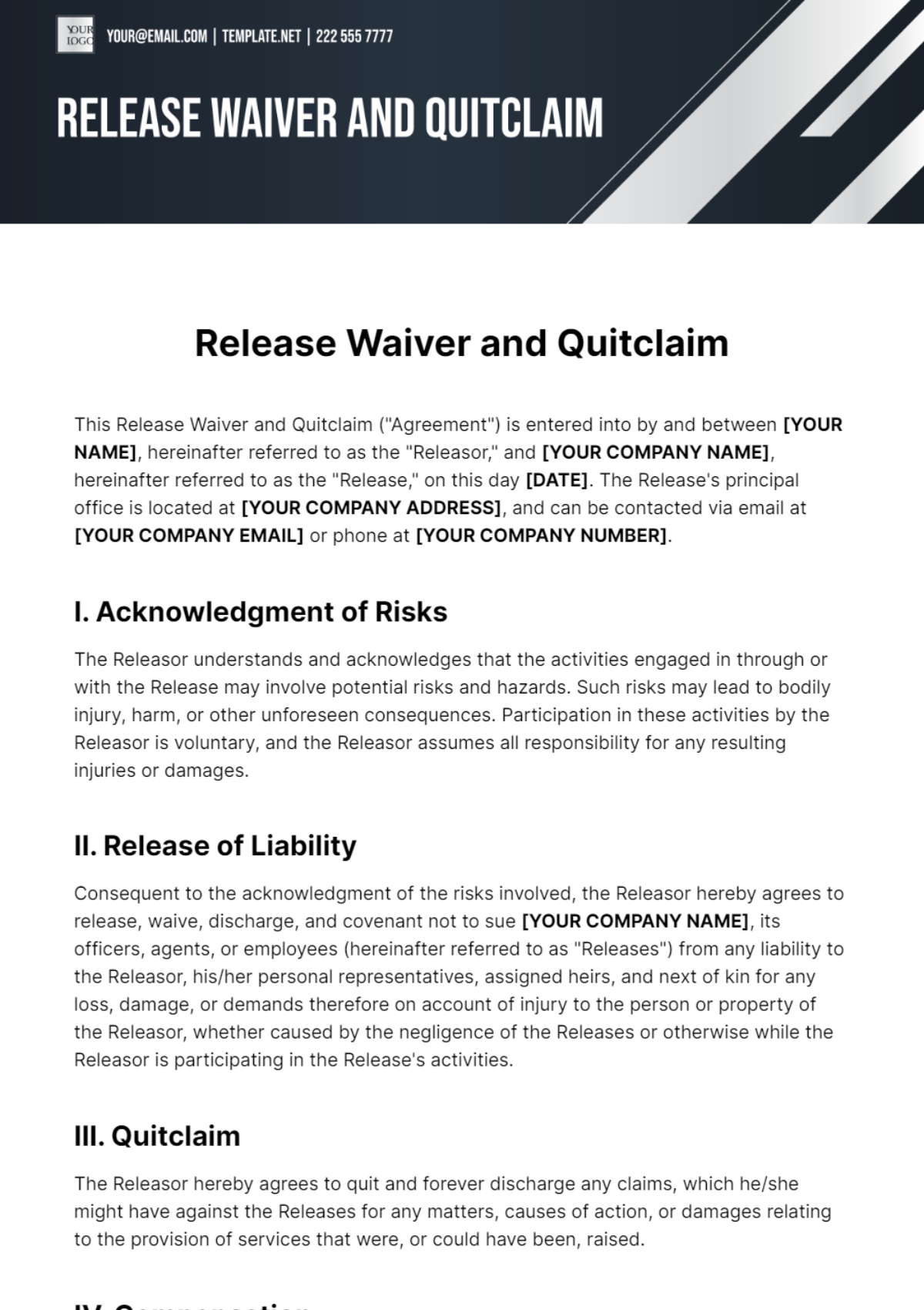 Release Waiver and Quitclaim Template