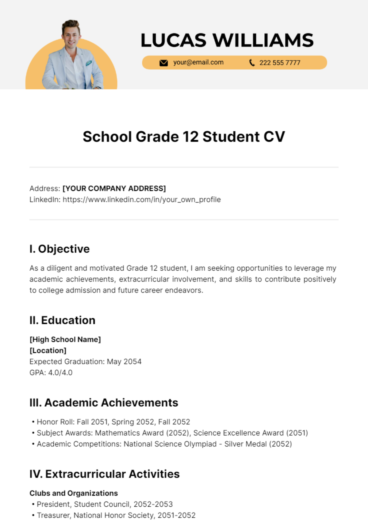 School Grade 12 Student CV Template - Edit Online & Download