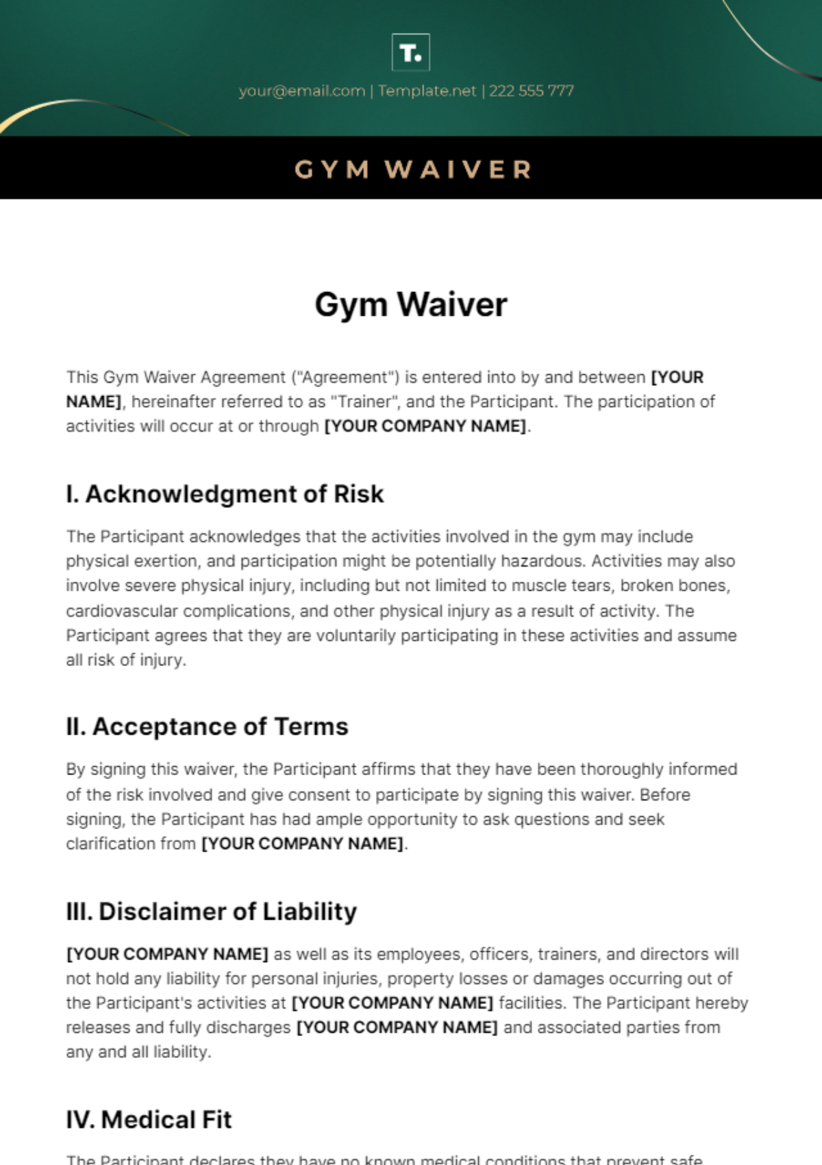 Gym Waiver Template