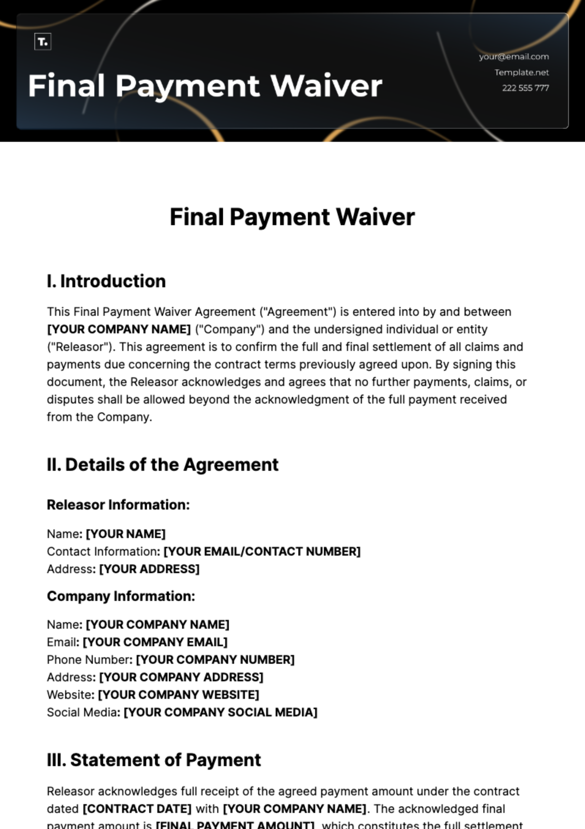 Final Payment Waiver Template - Edit Online & Download