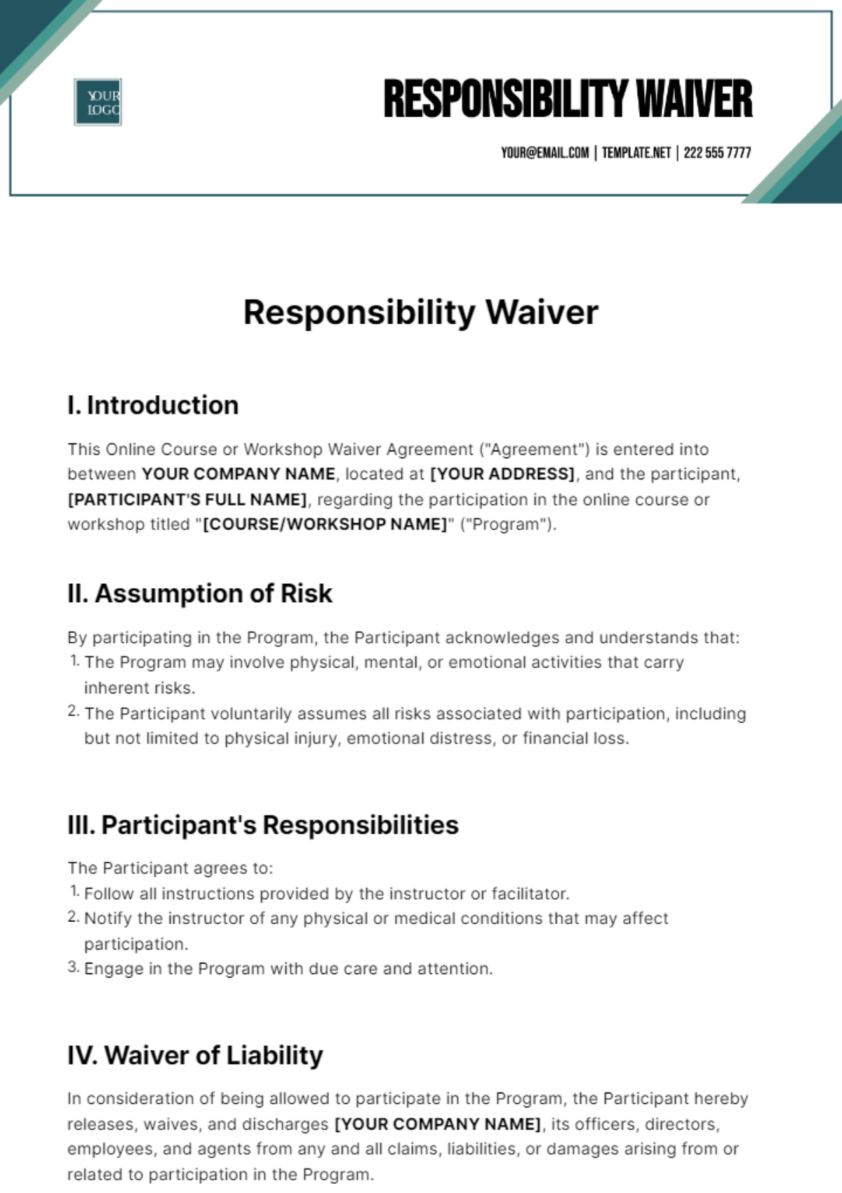 Responsibility Waiver Template - Edit Online & Download