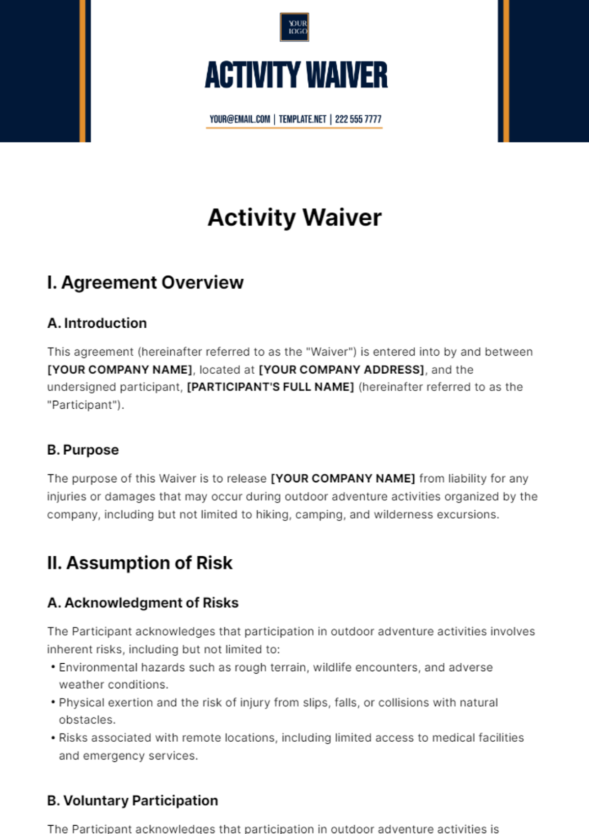 Activity Wavier Template - Edit Online & Download